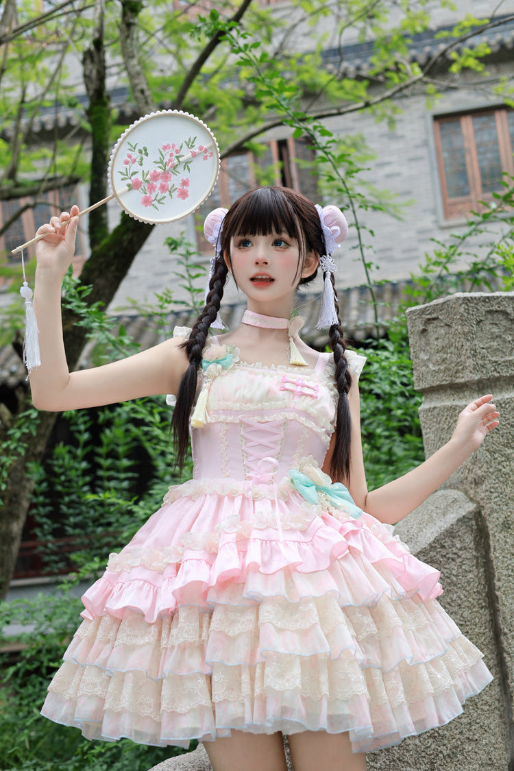 Ancient Poetry Printed Multi-Layer Sweet Lolita Tiered Dress - Chinese Style