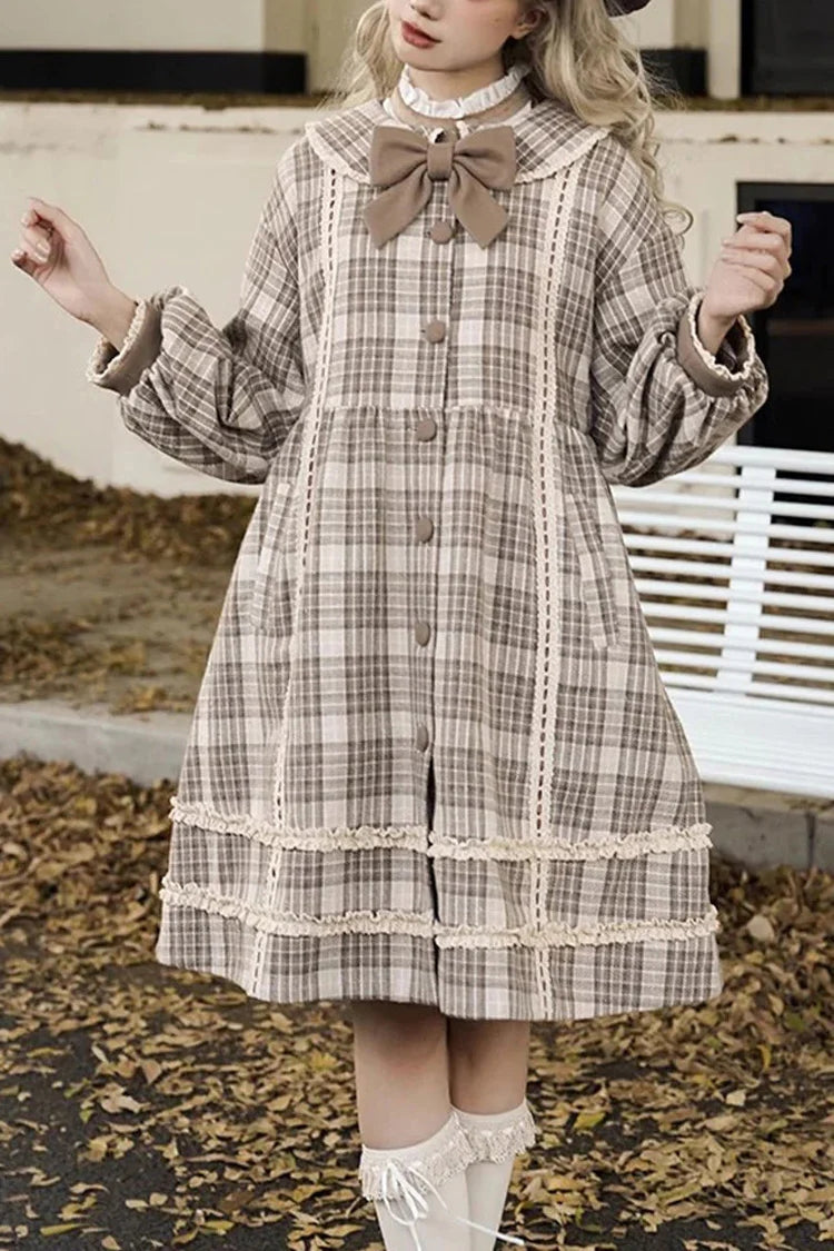 Light Brown Doll Collar Long Sleeve Multi-Layer Print Bowknot Sweet Lolita Coat