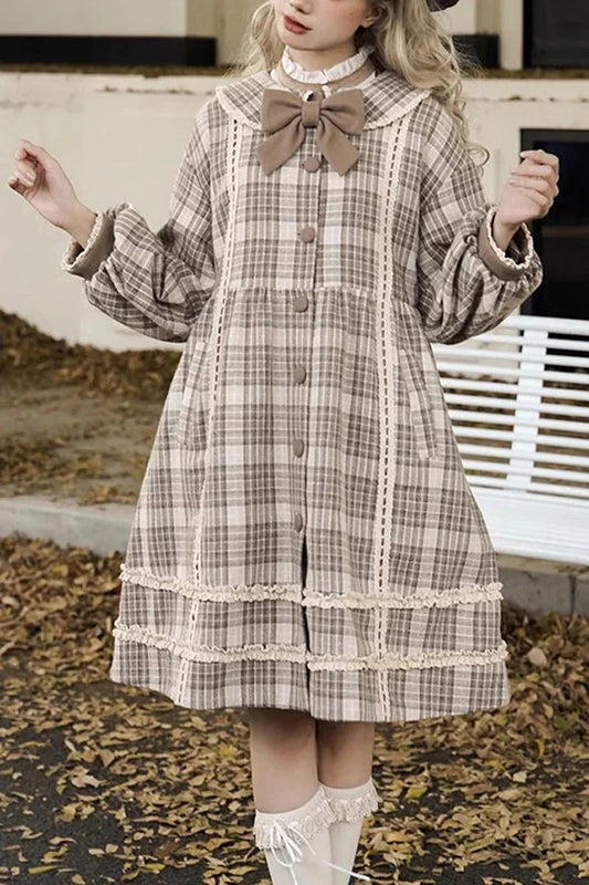 Light Brown Doll Collar Long Sleeve Multi-Layer Print Bowknot Sweet Lolita Coat