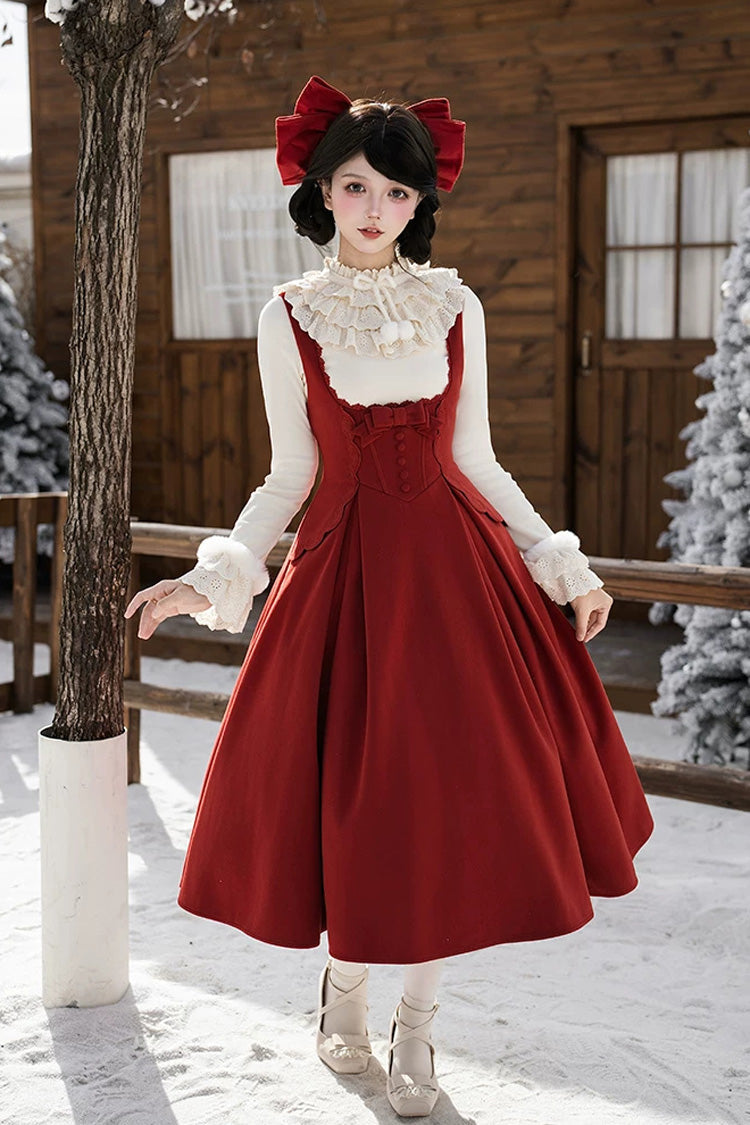 Classic Elegant Lolita Bandeau Dress with Embroidered Bow - Red