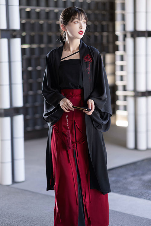 Crimson & Noir Song Dynasty Floral Embroidered Hanfu Set