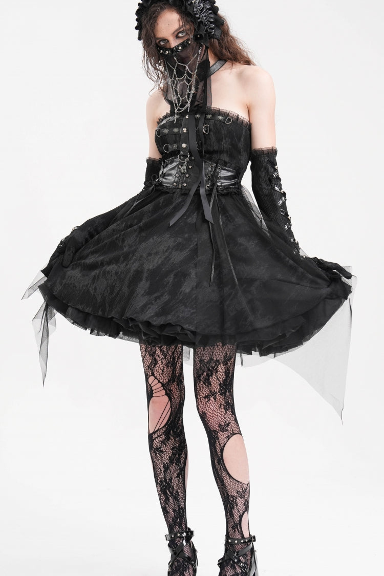 Gothic A-Line Short Gown with Backless Halterneck Cut