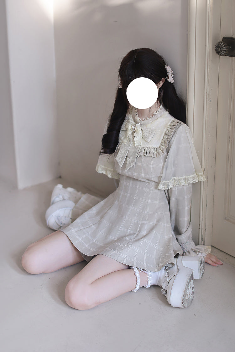 Tan Cocoa Brownie Plaid Bow-Trimmed Jirai Dress