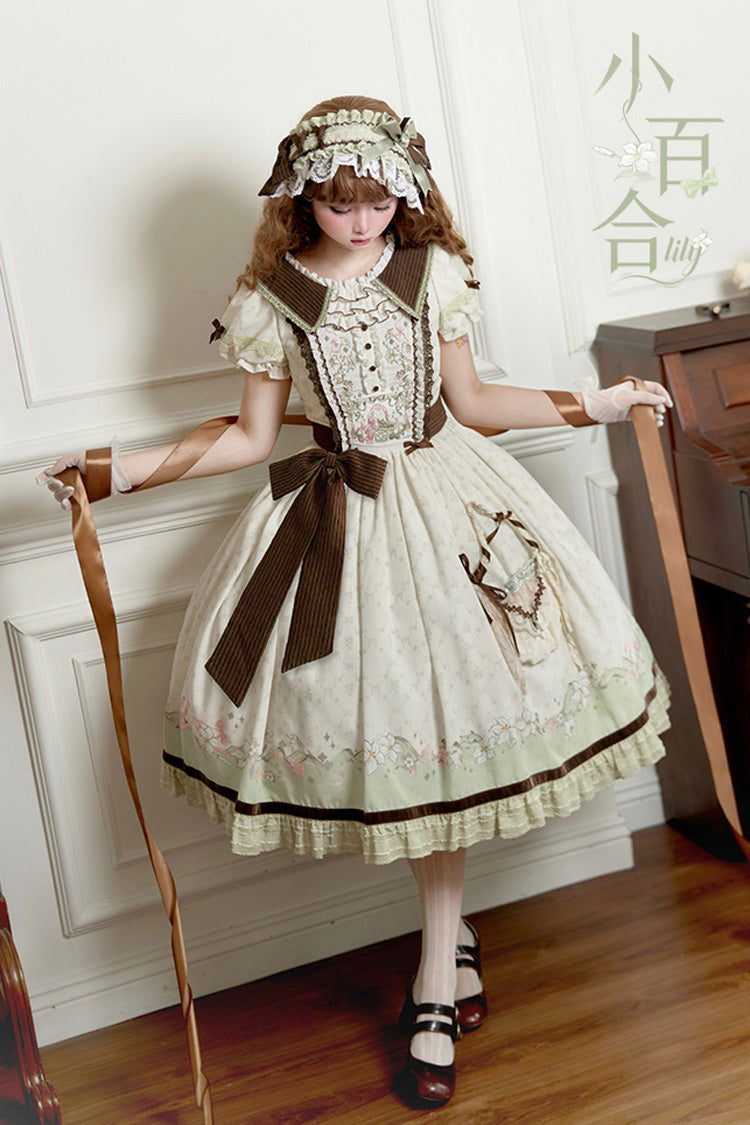 Green Ivory Lily Short Sleeve Print Ruffle Embroidery Bow Lace Sweet Dress