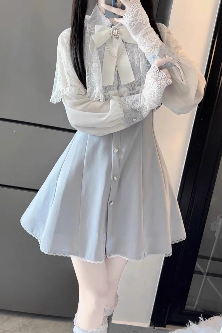 Aqua Shawl Lace Chiffon Long Sleeves Slim Jirai Kei Dress