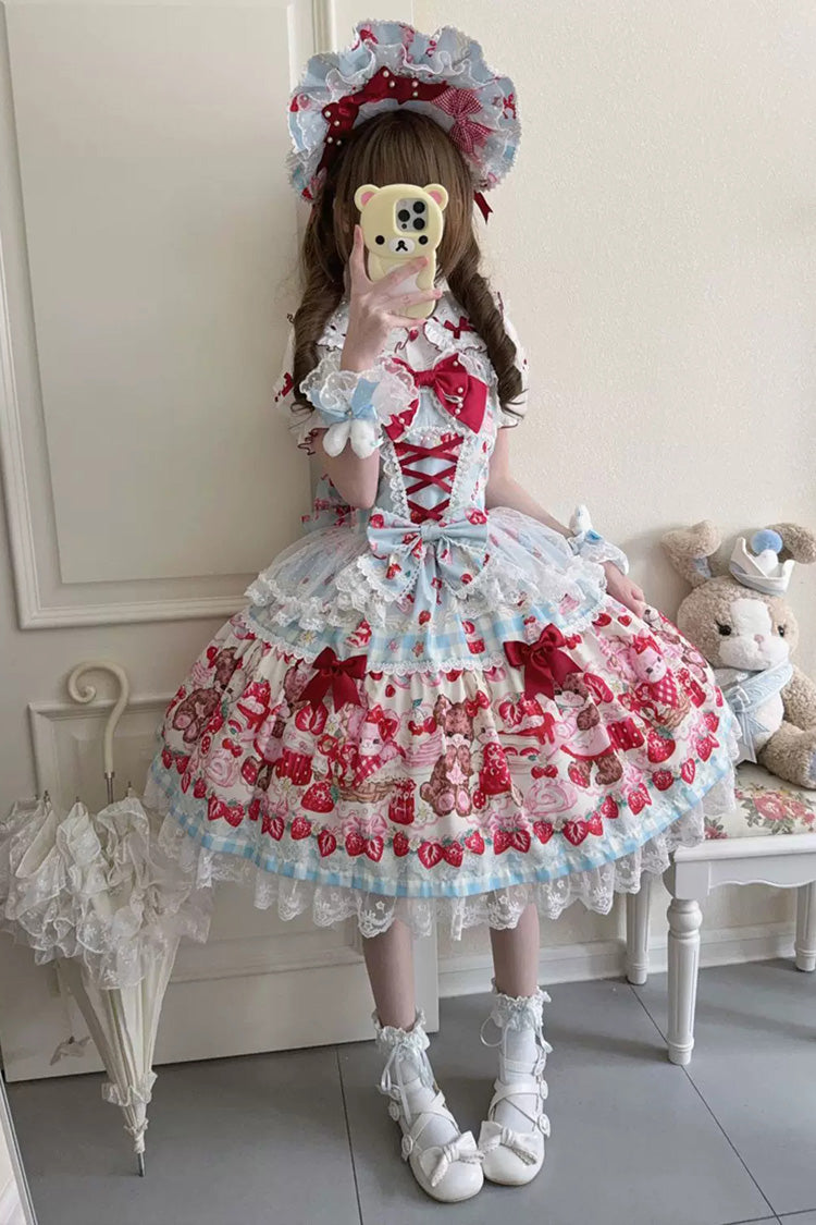 Red/Blue Sweet Lolita JSK Dress Printed Bow Lace Lace-Up - Sweet Berry Bunny Bear