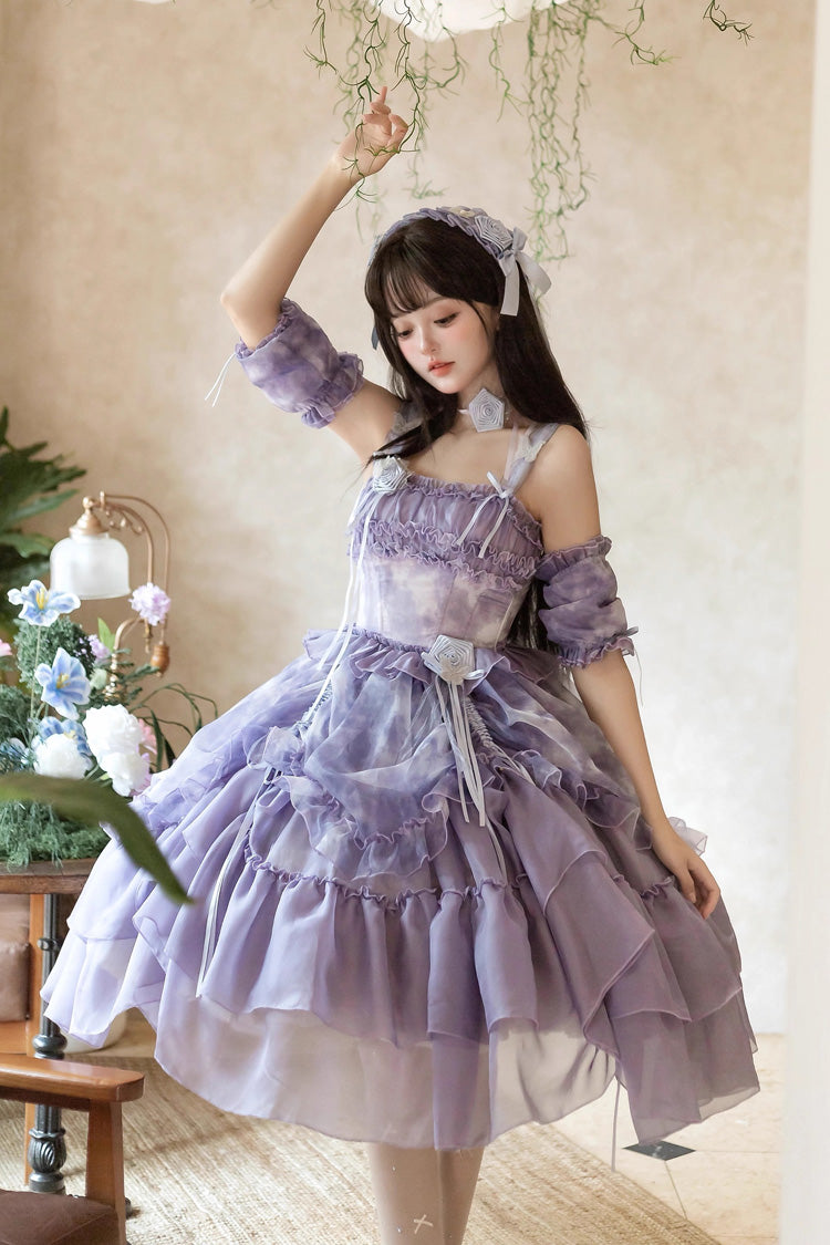 Goodnight Camellia Sleeveless Ombre Multi-Tiered Printed Ruffled Lace Fishbone Sweet Lolita Jumper Dress Three Colors
