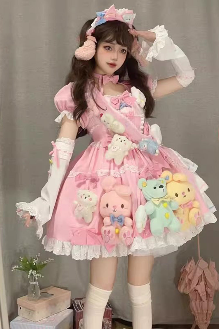 Pink Square-Collar Doll-Print Detachable-Sleeve Bow-Trimmed Princess Sweet Dress