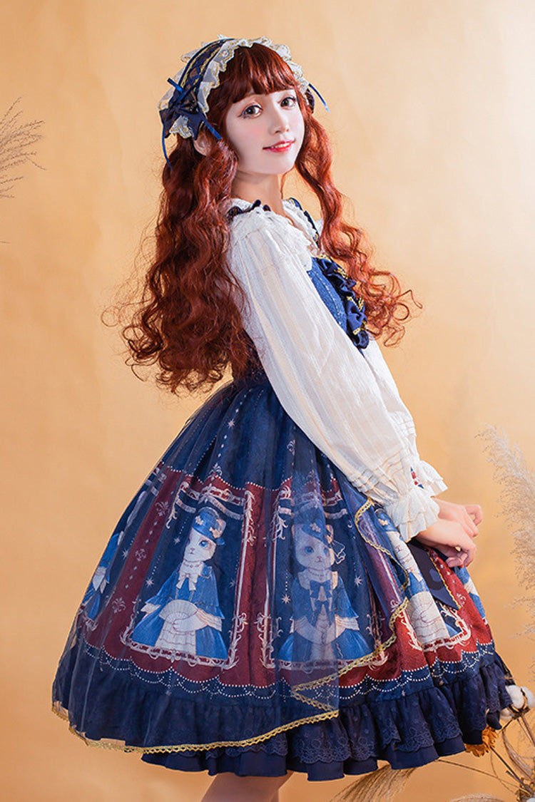 Chiffon Waist Bow Cat Print JSK Dress - Royal Court Lace