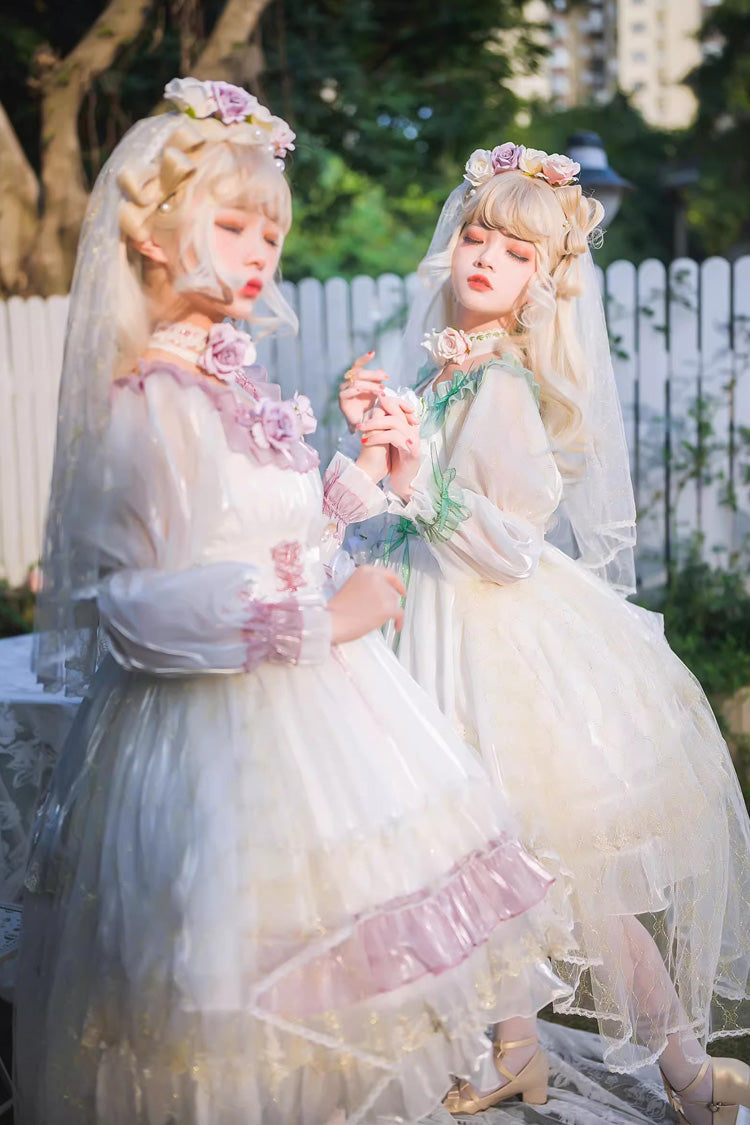 Long Sleeve Multi-Layer Ruffle Bow Lace Lace-Up Sweet Princess Lolita Dress - Purple