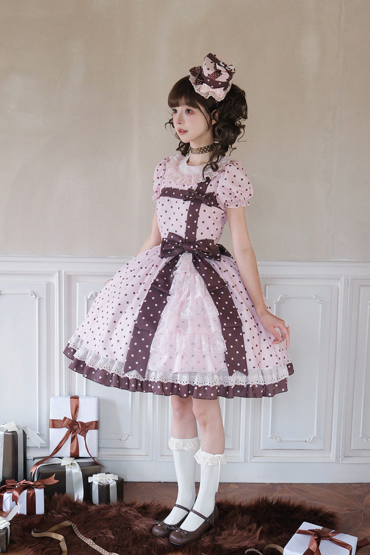 Canelé Gift Box Round Collar Short Sleeves Double-Layered Printed Polka Dot Ruffled Open-Front Bow Asymmetric Sweet Lolita Dress - Pink