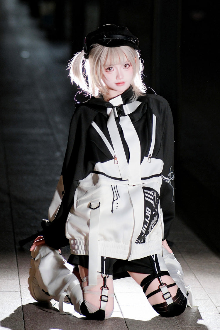 Black/White Zero-Type Transformation Techwear Long Sleeves Embroidered Hooded Punk Jirai Kei Shorts Coat Set