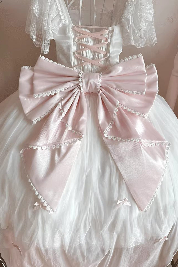 Ivory and Pink Snow of Love Ruffled Hanayome Open-Front Bow Lace Sweet Princess Lolita Dress