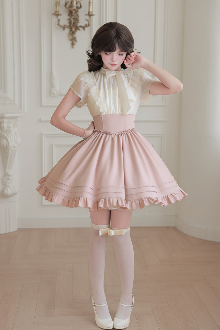 Blush & White Round Collar Short-Sleeve Ruffled Bow Lace Color-Blocked Boned Sweet Lolita Dress