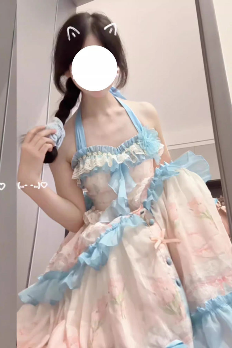 Blue and Pink Sweet Lolita Dress with Print and Backless Ruffle Style