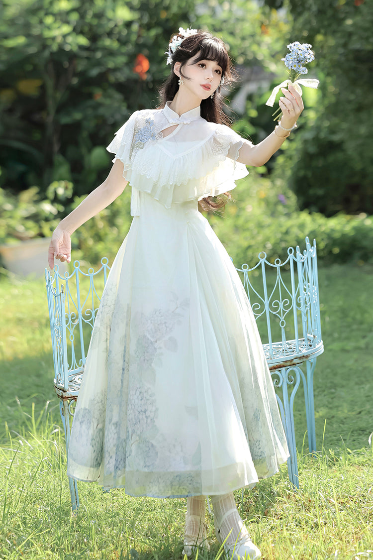 Ivory Print Ruffle Lace Chinese Elegant Dress