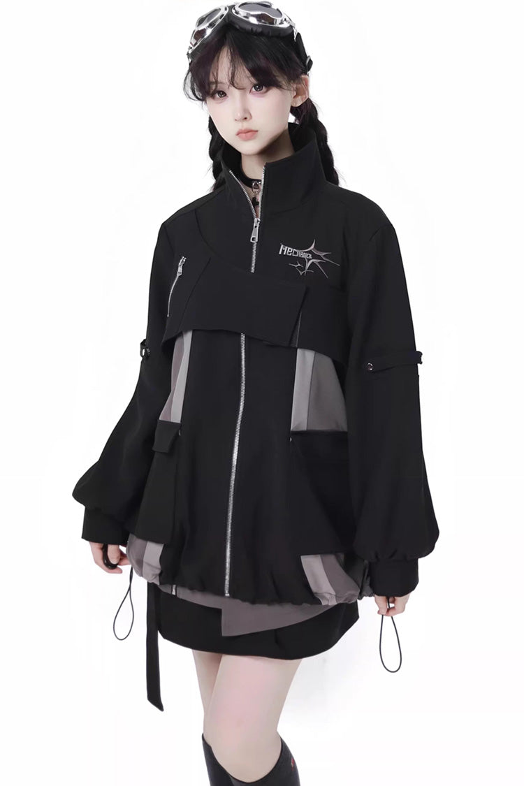 Black Techwear Zip Spliced Gothic Jirai Kei Skirt & Coat Set
