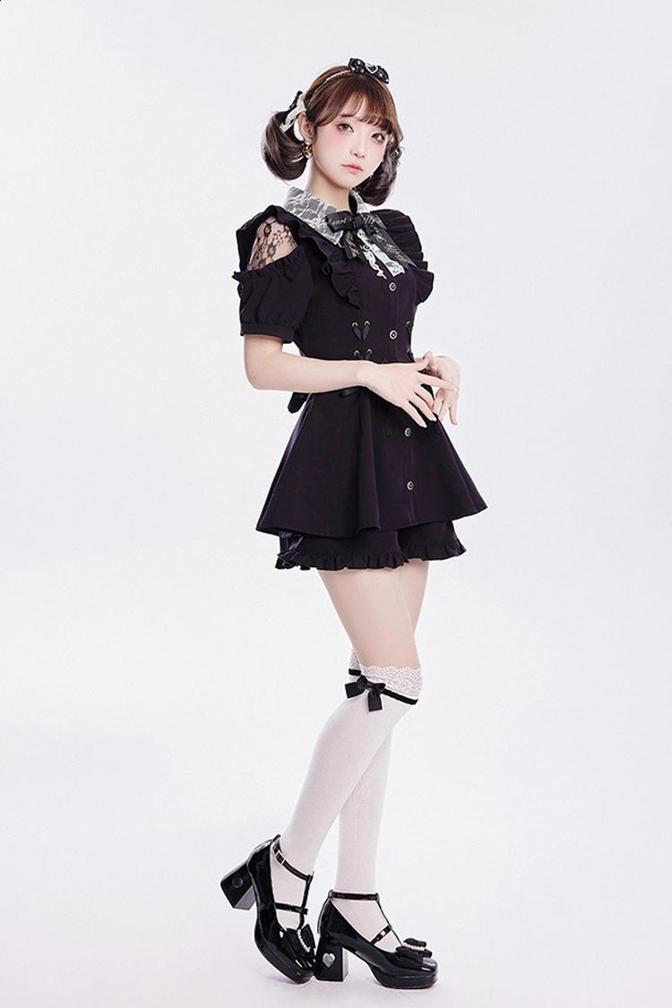 [Alice of Wednesday] Sweet Off Shoulder Short Sleeves Ruffle Bowknot Lace-Up Japanese Jirai Kei Dress Shorts Set 3 Colors