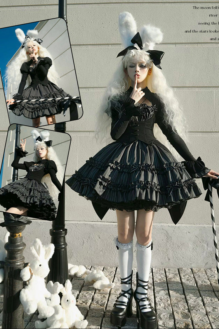 Charcoal Striped Long-Sleeve Ruffled Lace Dress - Duke of the Trap Rabbit