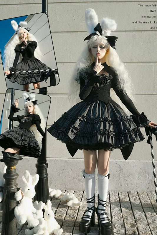 Charcoal Striped Long-Sleeve Ruffled Lace Dress - Duke of the Trap Rabbit