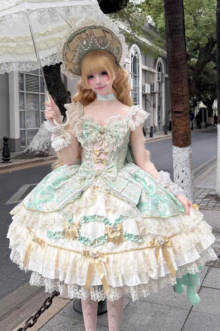 Gilded Waltz Square Collar Sleeveless Printed Embroidered Bow Lace Sweet JSK - Green