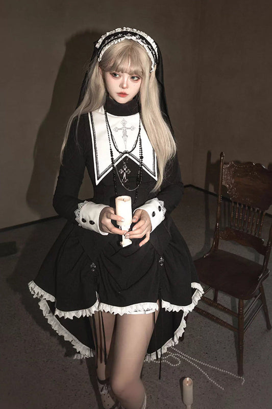 Peace Prayer Asymmetric Ruffle Bow Gothic Lolita Skirt Set