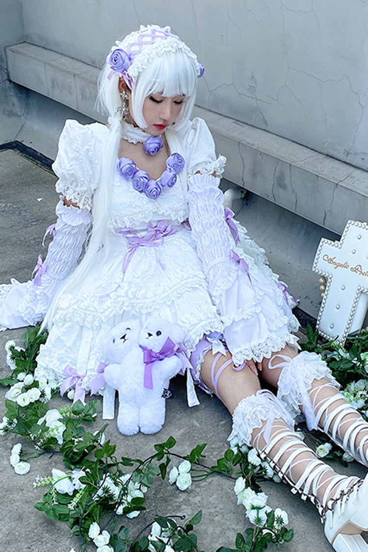 Ivory and Purple Puffed Short Sleeve Princess Gothic Lolita Tiered Dress