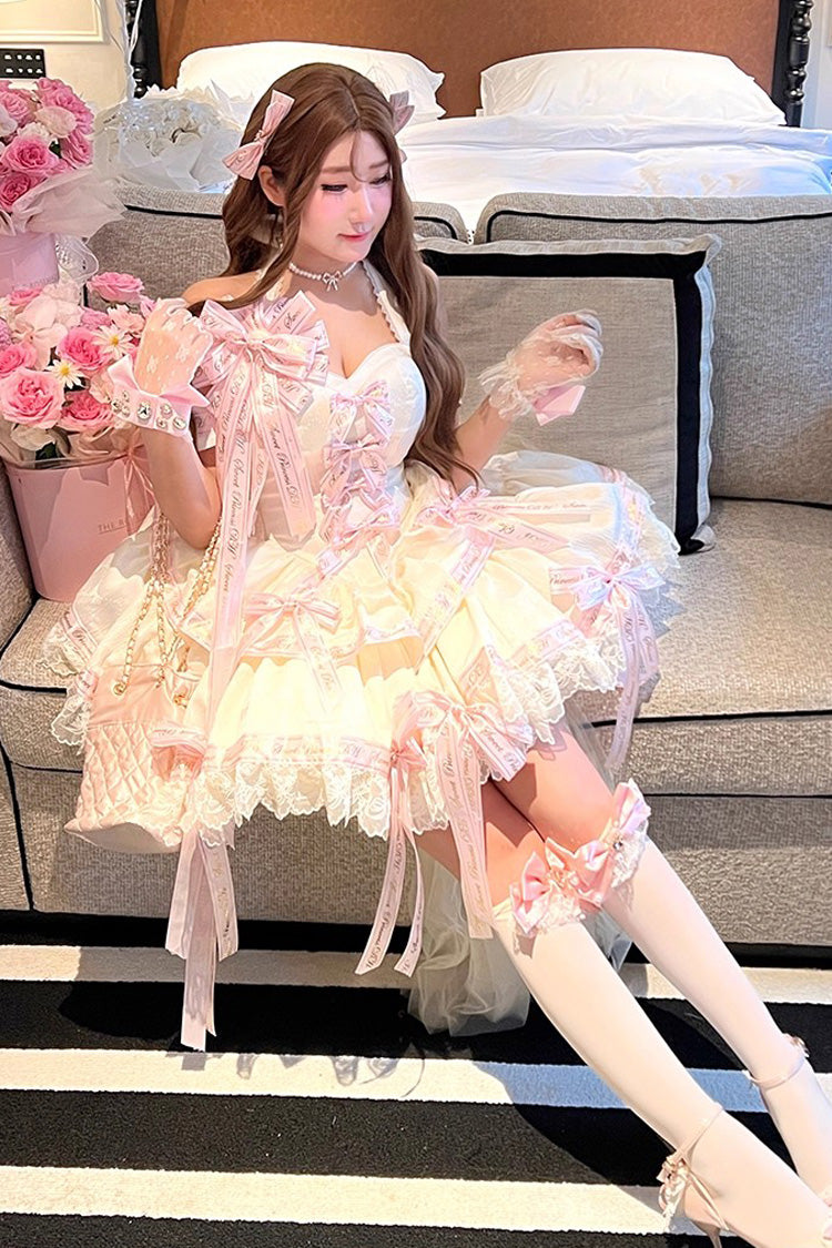 Pink Halterneck Sleeveless Multi-Layered Ruffle Bow Sweet Dress