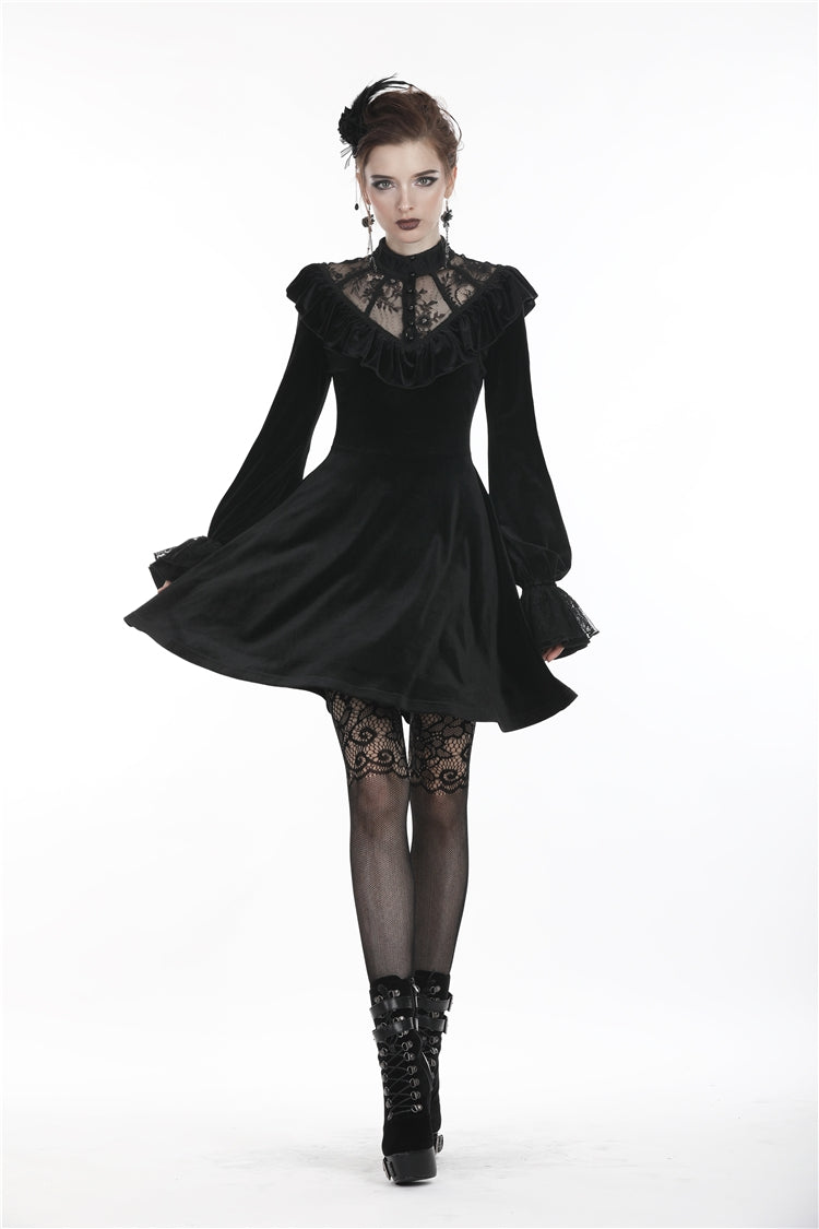 Deep V-Neck Ruched Velvet Lolita Dress with Lace Details