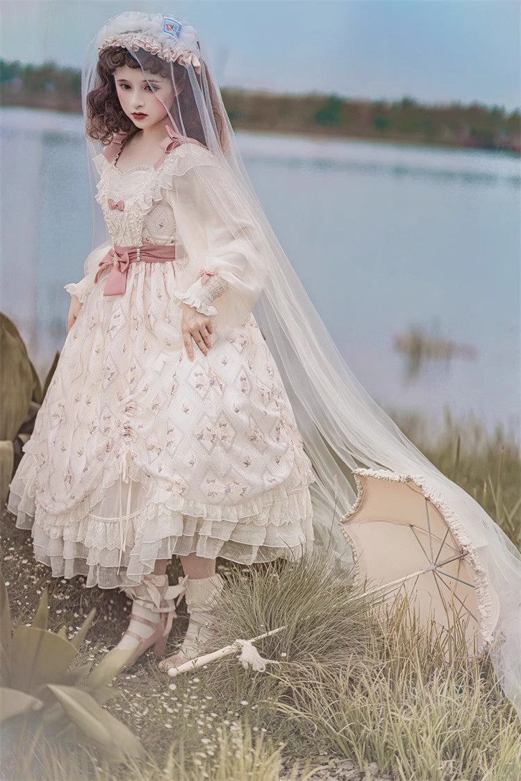 Ivory Letter Print Ruffle Bowknot Casual Elegant Lolita Dress