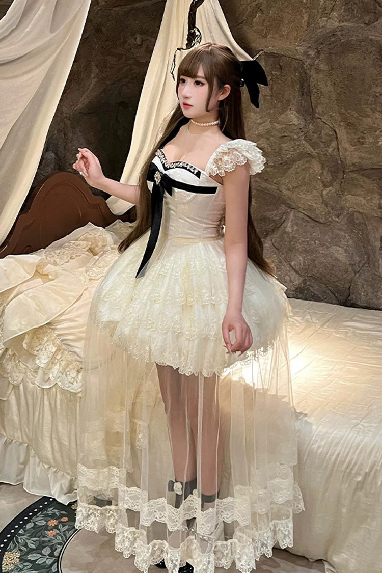 Cream Hepburn Heart Square Collar Sleeveless Multi-Layer Cut-Out Bow Lace Sweet Lolita JSK Dress