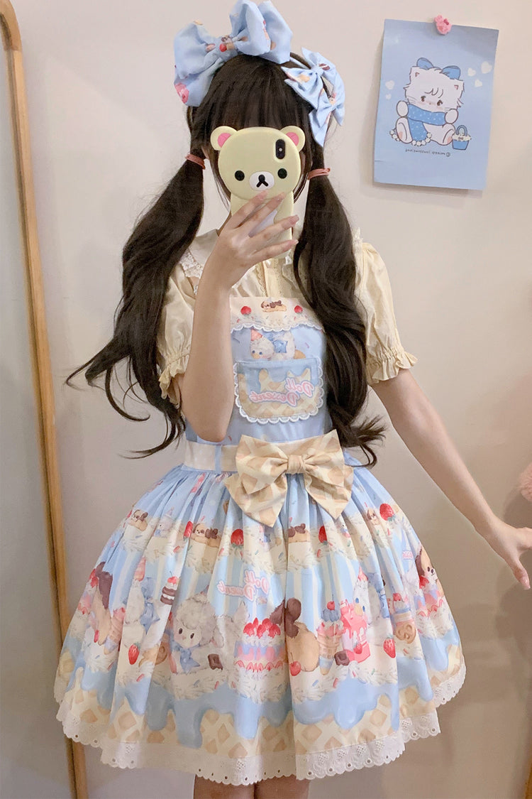 Cream Party Printed Bow Stitching Lace Sweet Lolita JSK Dress