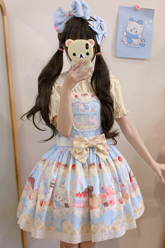Cream Party Printed Bow Stitching Lace Sweet Lolita JSK Dress