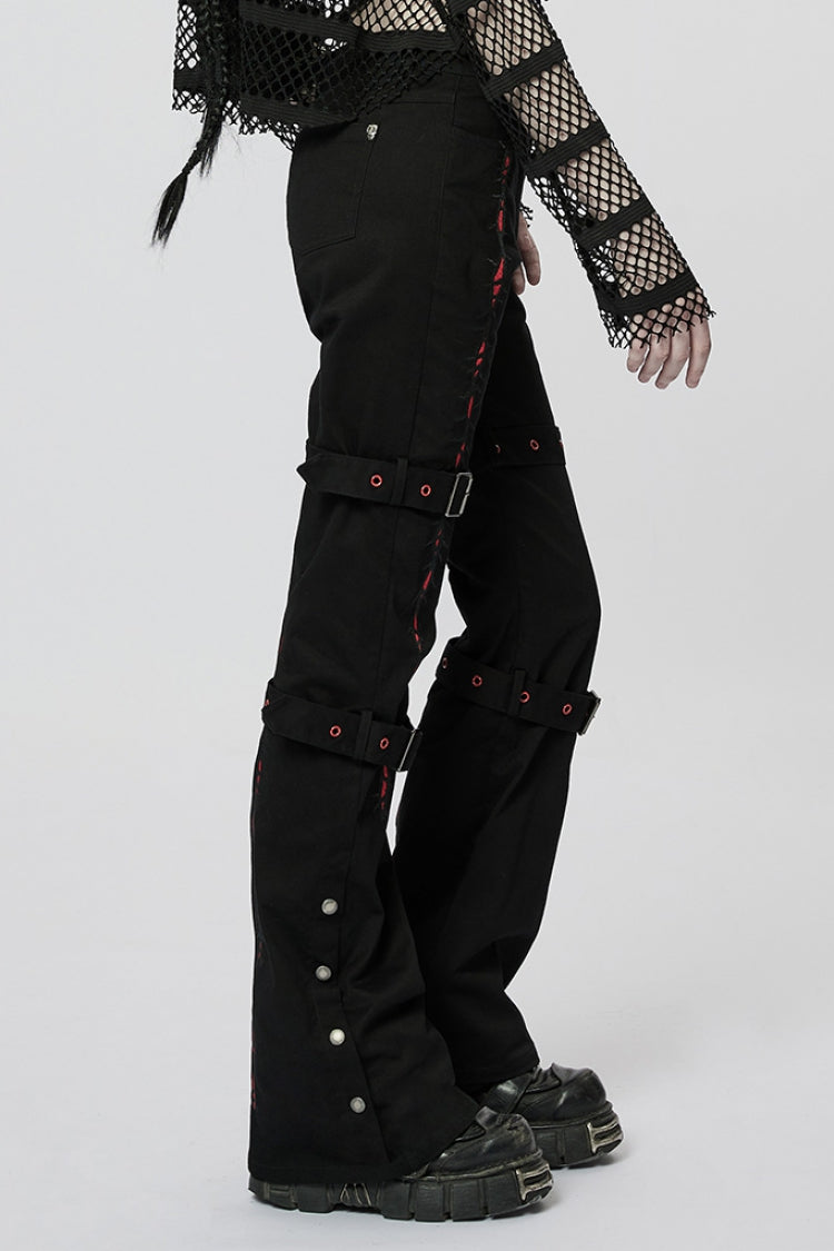Crimson & Noir Steampunk Buckle Accent Flared Trousers for Women
