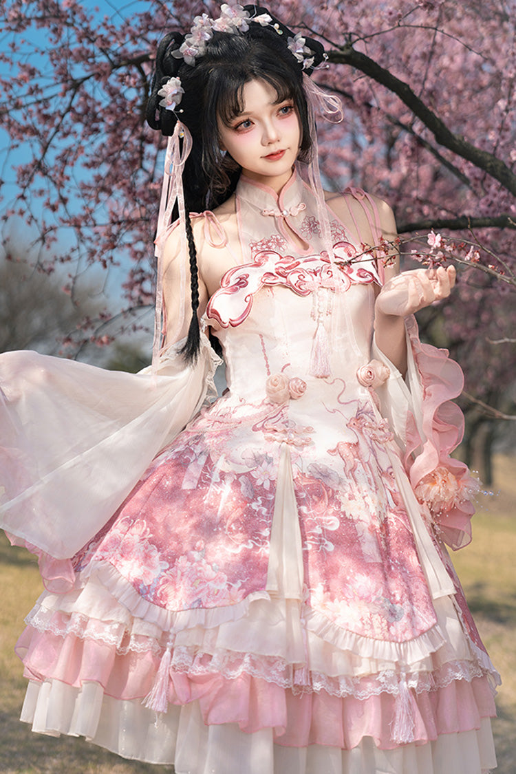 Flower Feast Pink Multi-Layered Print Ruffle Bowknot Sweet JSK Dress