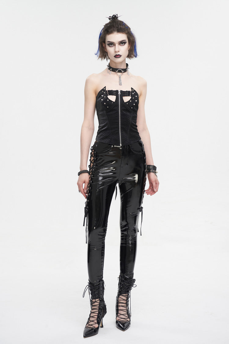 Vinyl Side Cutout Lace-Up Punk Pants for Women