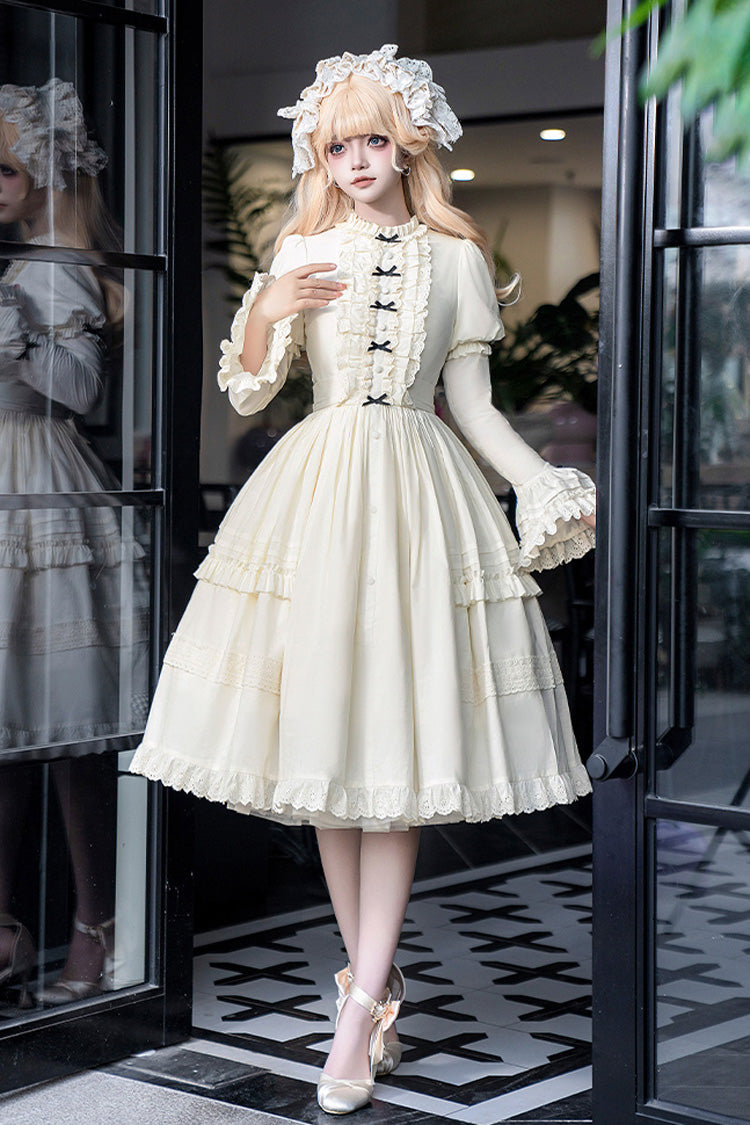 Cream Birch Appointment Stand Collar Long Puff Sleeve Frilled Bow Sweet Lolita Dress