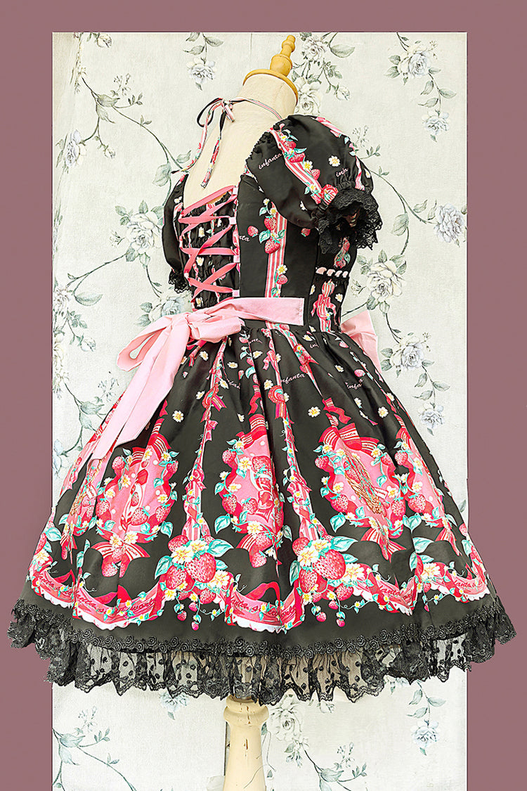 Printed Bowknot Lace Sweet Dress with Short Sleeves - Strawberry Chef