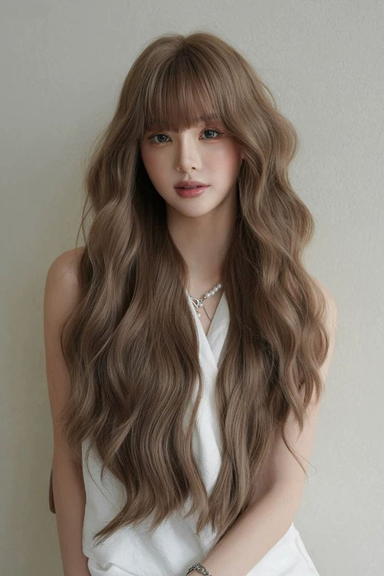 Korean Fluffy Air Bangs Romantic Long Wavy Daily Sweet Lolita Wig, Two Tones