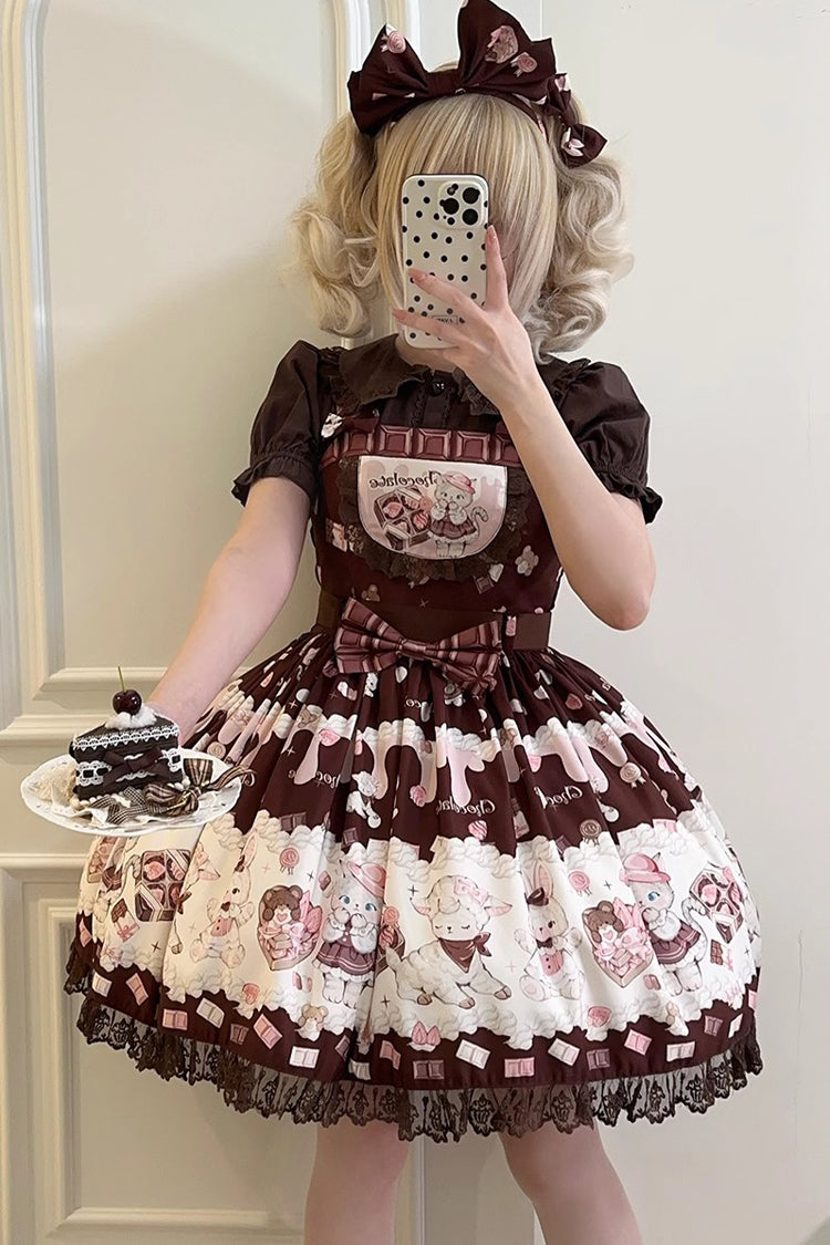 Chocolate Rosette Cat Printed Bow Stitching Lace Sweet Lolita JSK Dress