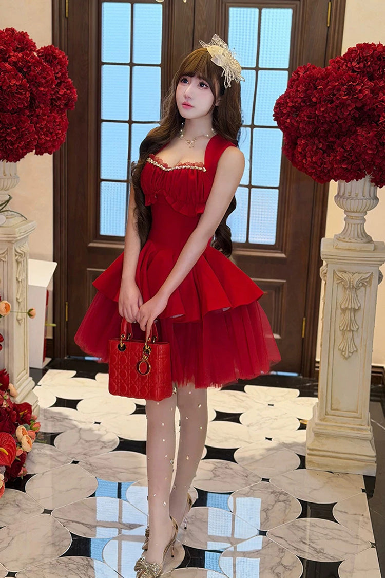Square Collar Ballet Lolita Dress - Romantic Rose