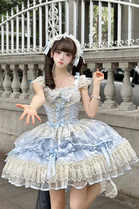 Dreaming Butterfly Blue Multi-Layered Jacquard Ruffle Bowknot Lace Sweet Princess JSK Dress
