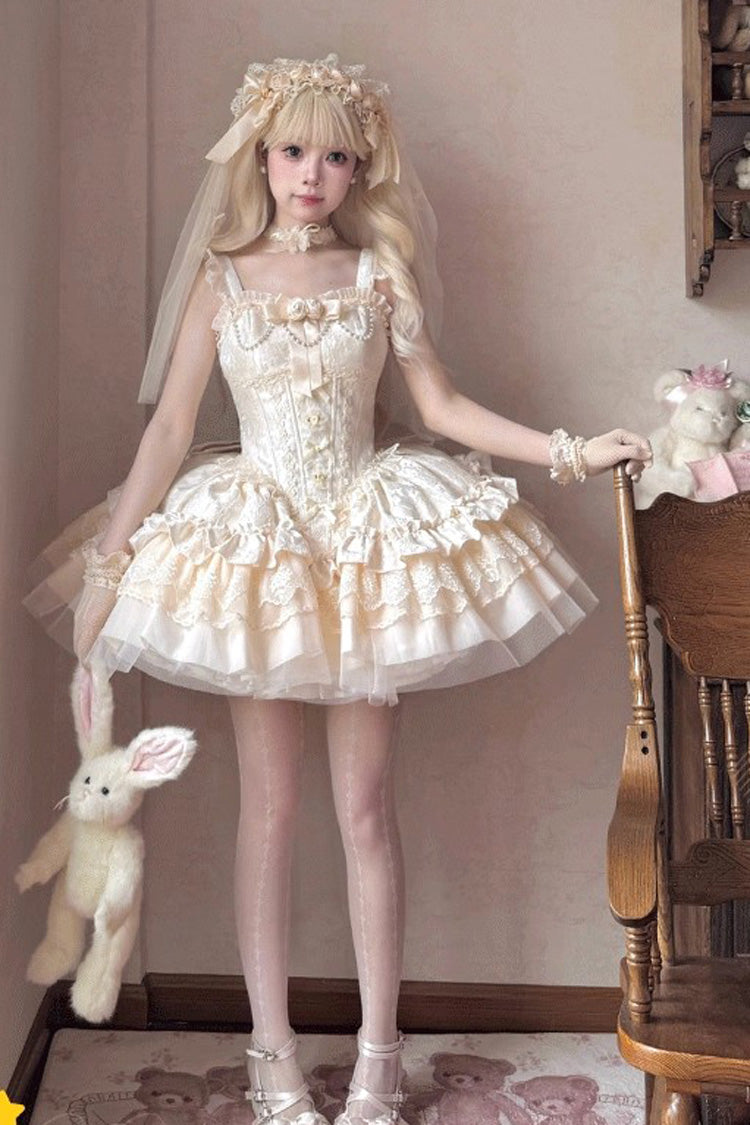 Cream Fleeting Light Shallow Dream Sleeveless Multi-Layer Frilled Bow Lace Slim Ballet Sweet Lolita JSK Dress