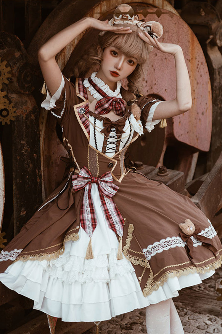 White/Brown Bear Print Gothic Dress with Ruffle Cardigan