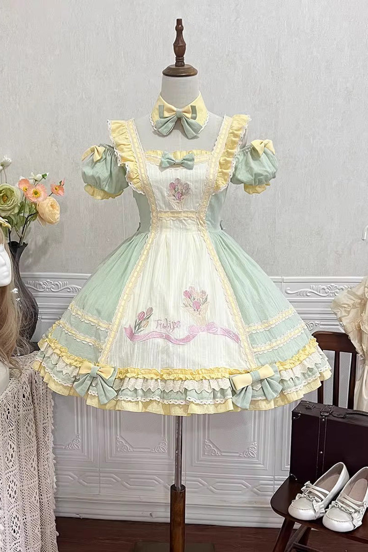 Green Tulip Print Short-Sleeve Ruffle Bow Sweet Lolita Dress