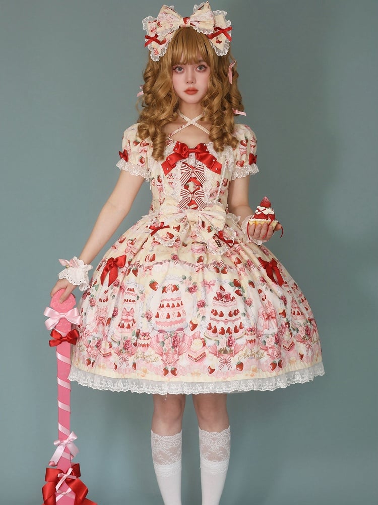 Yellow Full Lolita Set Print Strawberry Sweet Cake Accents Bow Dress /