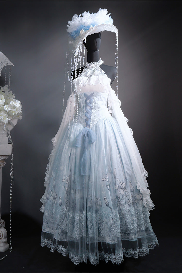 Snow Lily Print Ruffle Hanayome Embroidery Lace-Up Elegant Princess Lolita Skirt Set in Blue