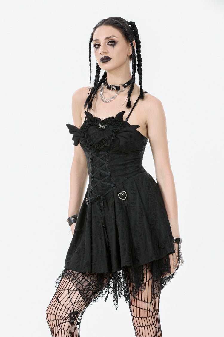 Sleeveless Lace Lace-Up Pleated Gothic Dark Demon Slip Dress