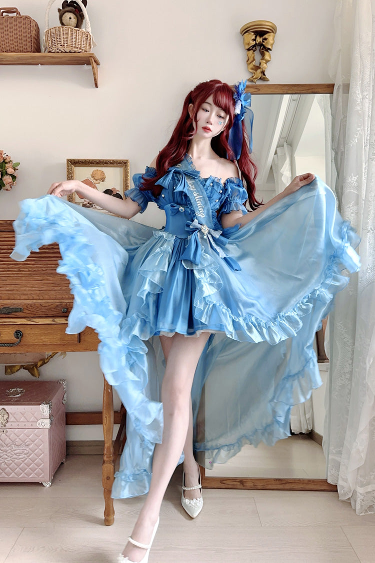Mermaid Princess Ruffle Hanayome Bow Sweet Elegant JSK Dress Set in Blue