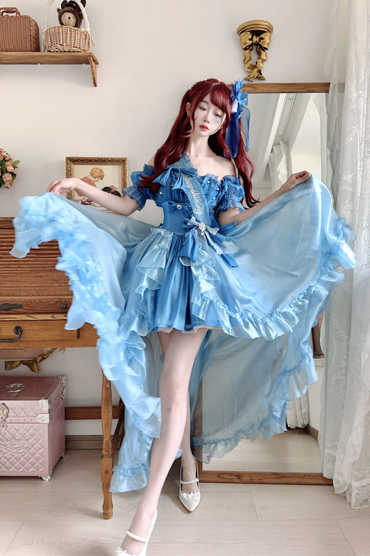 Mermaid Princess Ruffle Hanayome Bow Sweet Elegant JSK Dress Set in Blue